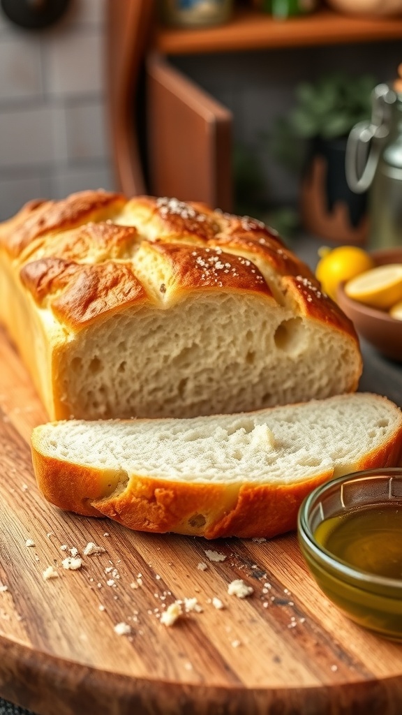 A golden brown homemade yeast bread loaf sliced on a wooden board with olive oil in the background.